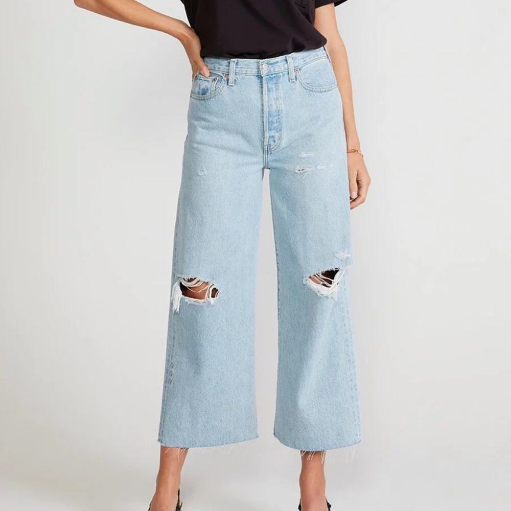 Ética Blue Denim Distressed Devon Crop Wide Leg Jeans